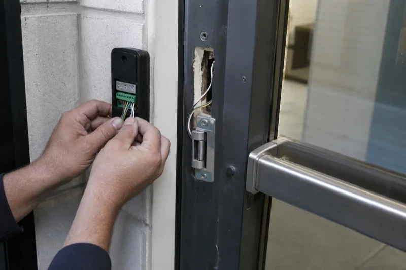 Hands holding wires beneath an open wall-mounted device beside a glass door and an exposed wired door-frame opening.