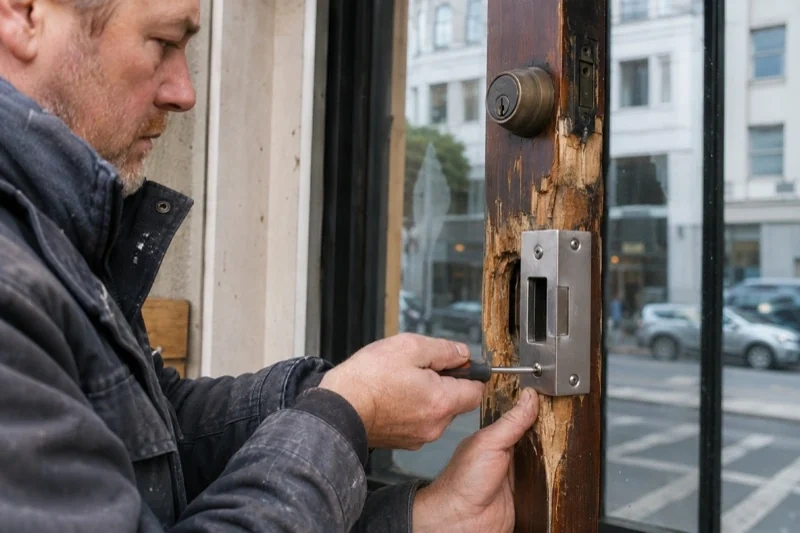 Person using a screwdriver on a rectangular metal plate against visibly splintered wood beside a door lock.