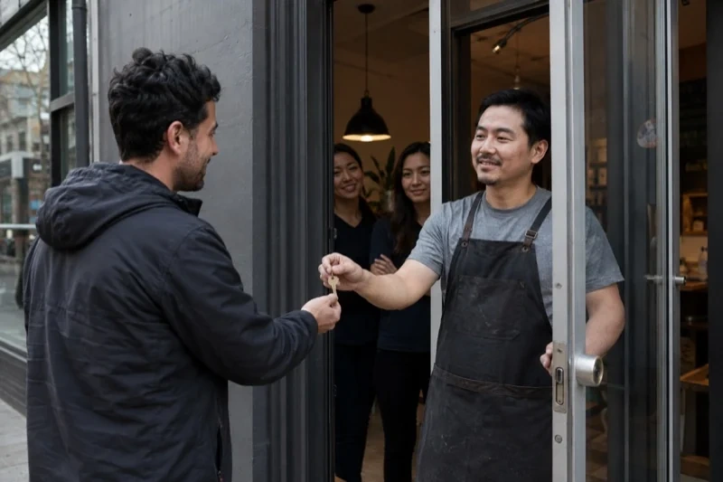 Two people exchanging a key at an open glass shop door, with two others standing inside.