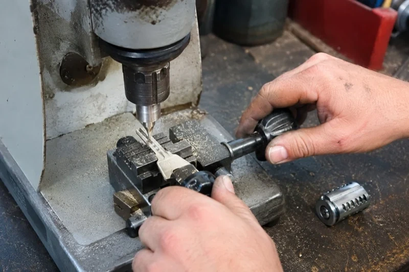 Hands operating a bench-mounted machine with a key clamped beneath a vertical cutter and a loose lock cylinder nearby.
