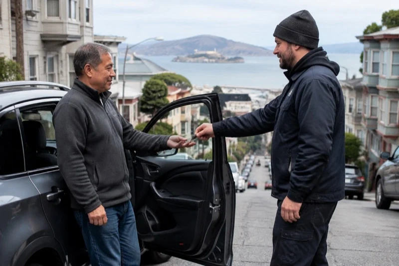 Two people exchanging a key beside an open car door on a steep residential street overlooking water.
