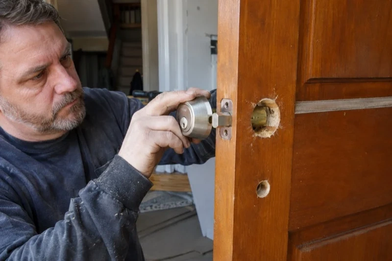 Person holding a silver-colored lock beside an open wooden door with exposed circular holes and a latch at its edge.