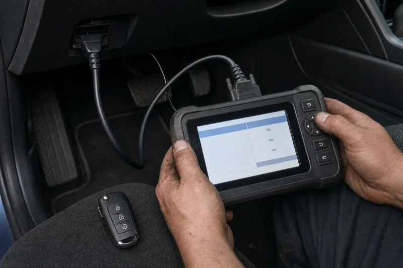 Hands holding a diagnostic tablet connected beneath a car dashboard, with a key fob resting on the person’s leg.