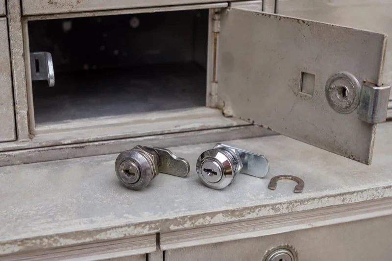 Two loose cam locks and a retaining clip resting below an open metal mailbox compartment.