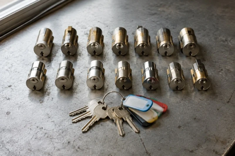 Two rows of lock cylinders on a metal surface with keys and colored key tags in front.