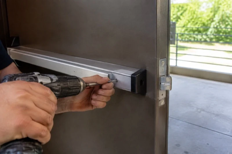 Hands using a power driver at the end of a horizontal push bar on an open metal door.