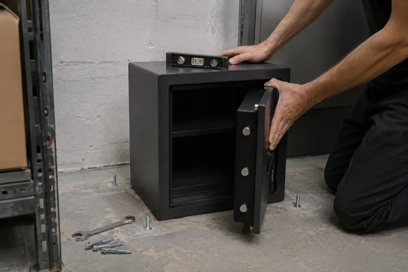 Person kneeling beside an open black safe with a spirit level on top and loose bolts and a wrench on the concrete floor.