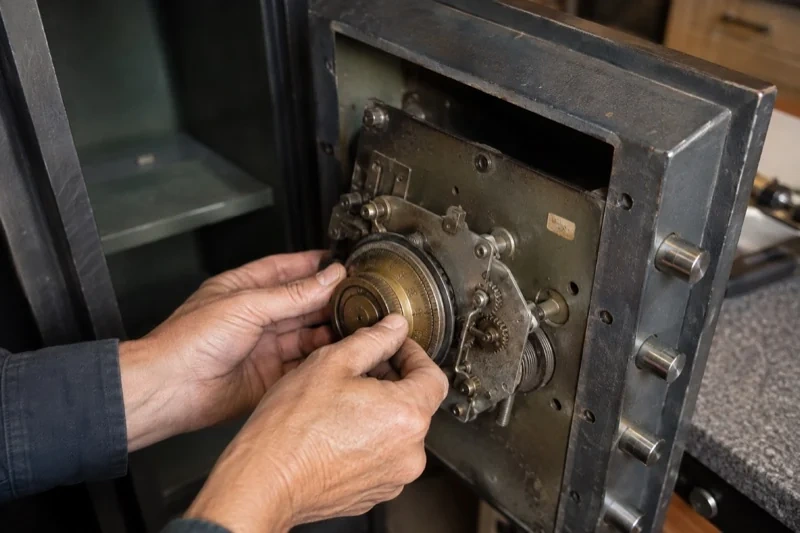 Hands holding a round metal component against the exposed mechanism inside an open safe door.