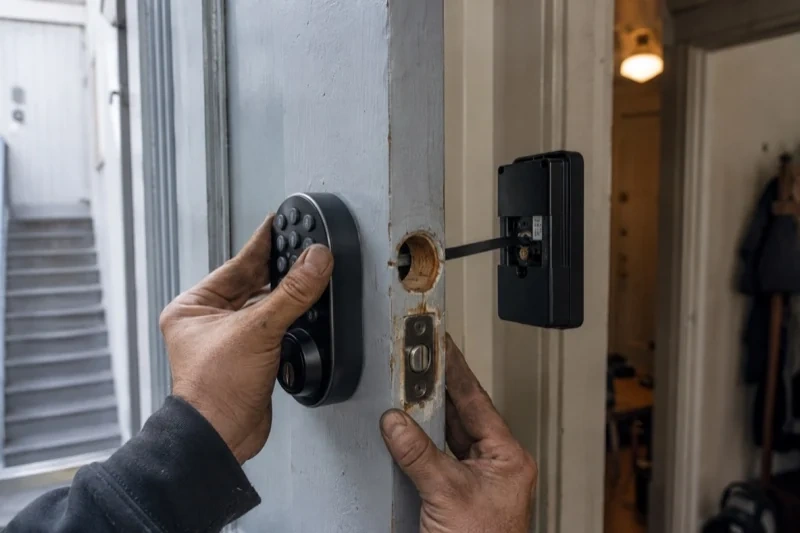 Hands holding a black keypad lock against an open painted door, with its interior housing separated from the door.