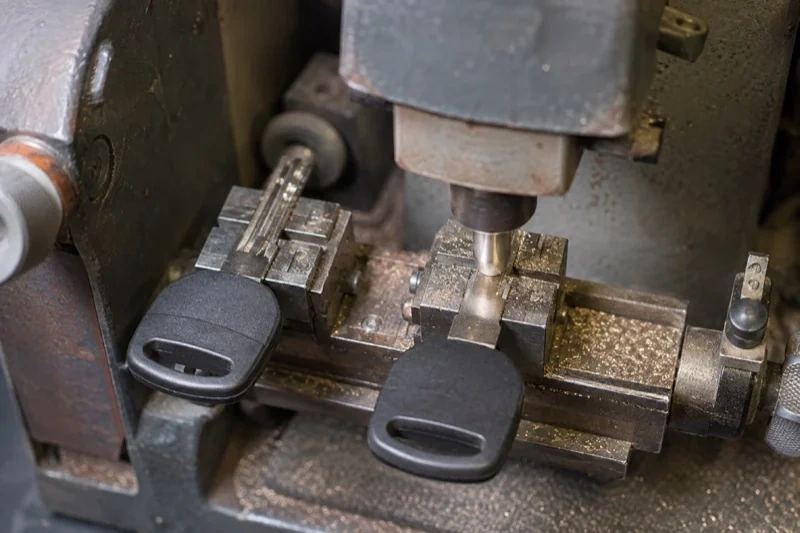 Two black-headed keys clamped in a bench machine, one beneath a vertical cutter, with metal shavings around the clamps.