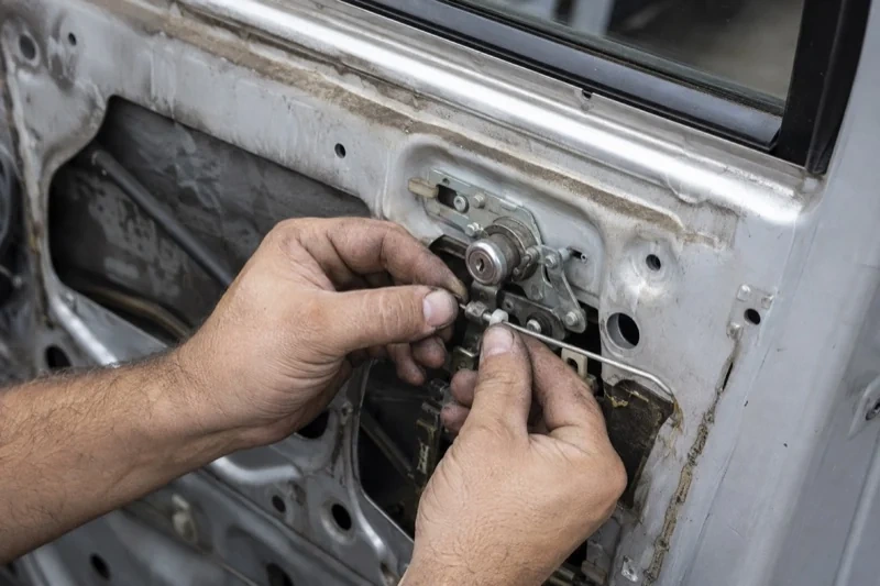 Hands holding a small linkage beside an exposed car-door lock mechanism with the interior trim removed.